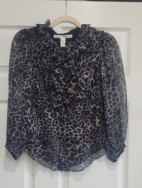Diane Von Furstenberg Black & Gray Leopard Ruffle Blouse